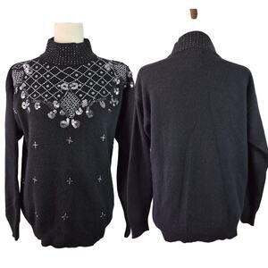 Christina Black Silk Lambswool Sequined Beaded Mock Neck Vintage Sweater M